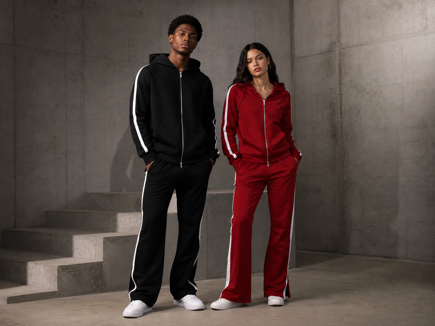 Two models wearing black and red THE MOVEMENT tracksuits in a concrete studio